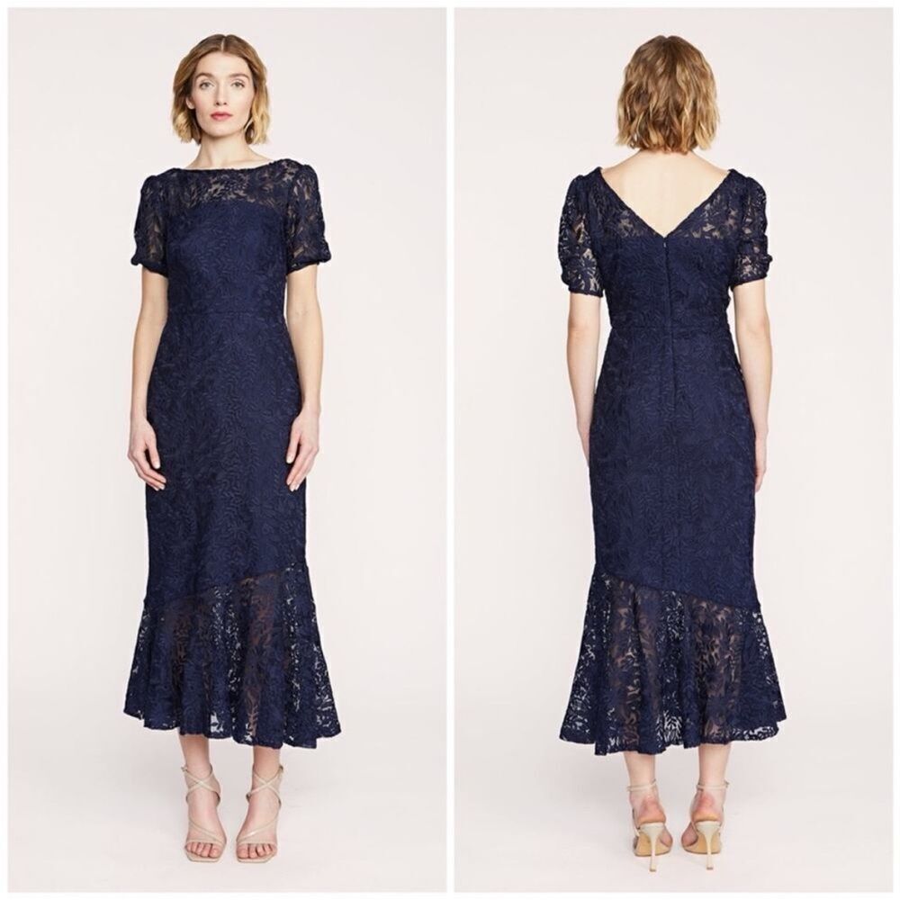 Kay Unger Portia Tea Length Dress in Midnight Blue 6 $308